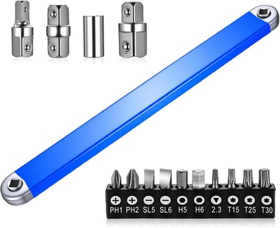 ratelgereedschap, hoeksleutel, verlenging met 1/2 inch, 1/4 inch en 3/8 inch, 10 bits en 1 1/4 inch dopsleutel