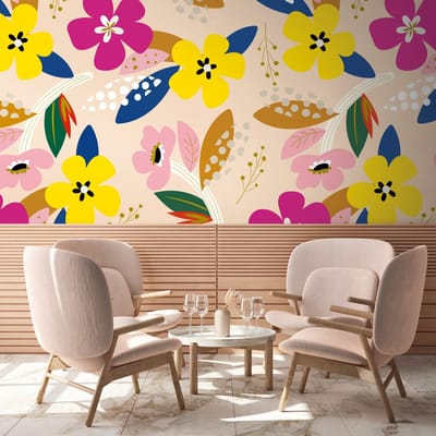 Fotobehang Profhome 392091-GU vliesbehang hardvinyl warmdruk in reliëf glad met bloemen patroon mat beige geel paars blauw 1,59 m x 2,8 m