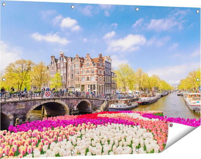 Gards Tuinposter Amsterdamse Huisjes aan de Grachten - 120x80 cm - Tuindoek - Tuindecoratie - Wanddecoratie buiten - Tuinschilderij