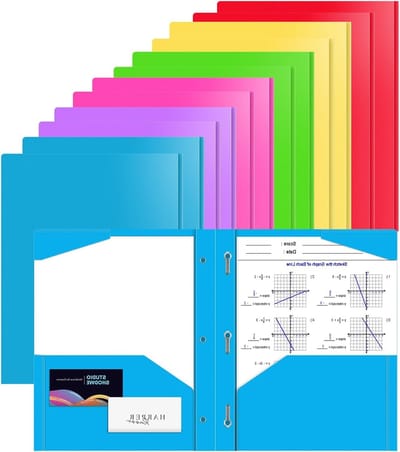 Kleurige 12-delige kunststof mapset met stevige pocket en pinnen voor A4-papier, ideaal voor kantoor en school, met 2 vakken en 3 stiksels, inclusief 2 kaartenlussen