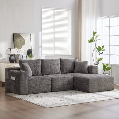 DESMIU Hoekbank 261 x 165 x 81 Cm - Modulaire L-Vorm Met Diepe Zitting En Bekerhouders - Voor Woonkamer - Chenille Donkergrijs