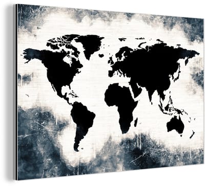 Aluminium schilderij 120x80 cm - Wanddecoratie metaal - Wereldkaart - Hout - Zwart - Metalen muurdecoratie woonkamer - Decoratie industrieel - Foto op dibond - Industriële accessoires slaapkamer