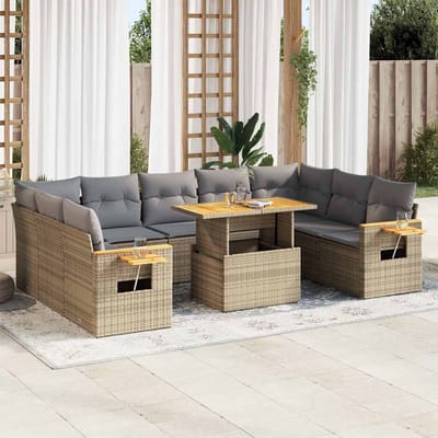 vidaXL - 10-delige - Loungeset - met - kussens - poly - rattan - acacia - beige