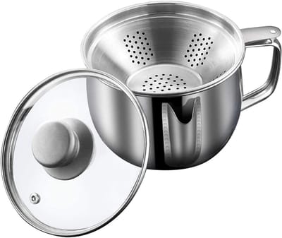 Dailygoods- Vetreservoir 1000 ml - Roestvrij Staal - Glazen Deksel - Zeef - Vetopvangbak - Voor het Scheiden van Vet - Vetafscheider