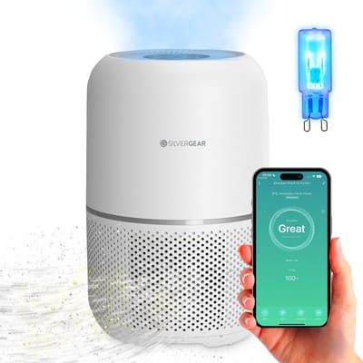 Luchtreiniger Pro met App en Vervangbare HEPA 13 Filter en UV-Lamp - Air Purifier - 165m3/u - Air Cleaner - 4 Standen - Koolstoffilter - Tegen Hooikoorts, Huisstofmijt, Allergie, Stof, Geur, Rook - Wit - Silvergear