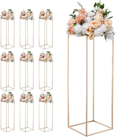 Elegante Bruiloft Bloem Stand, Set Van 10, 80 cm Kolom Ontwerp, Bloem Stands Met Metaal Laminaat, Gouden Rechthoekige Display Drager voor Evenementen, Vieringen en Thuisdecoratie