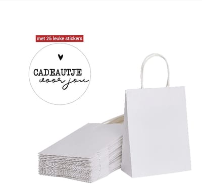 25 x papieren draagtassen Van Witte Kraftpapier 18x8x22cm en stickers cadeautje voor jou 4cm/ Kraft Papieren Tasjes Met Handvat/ Cadeautasjes met gedraaide handgreep / Zakjes/