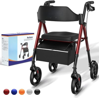 JCP® Rollator - Draagvermogen tot 136 kg - Lichtgewicht en opvouwbare rollator - Voor binnen en buiten - Donkerrood - 58cm x 58cm x 83cm