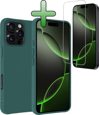 Hoesje Met Screenprotector - Geschikt voor Apple iPhone 16 Pro - Sterk & Shockproof - Back Cover - Siliconen Case - Telefoon Hoes - Donkergroen