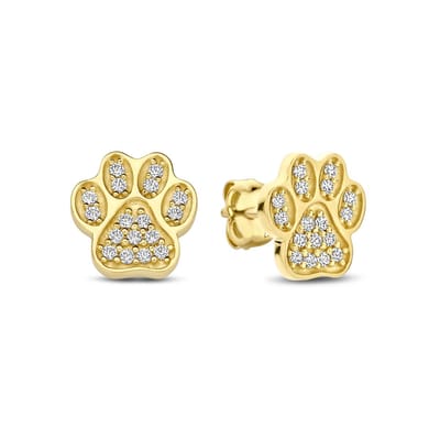 New Bling - 9NBG-0864 - 14K geelgouden Oorknoppen – Hondenpoot met Zirkonia – Dames Oorbellen