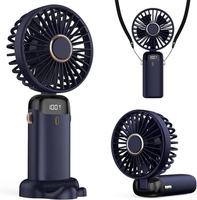 Draagbare USB-ventilator met led-display (3-in-1: hand-, nek- en tafelventilator), opvouwbaar en 90° verstelbaar – ideaal voor zomer, kantoor, slaapkamer en op reis; cadeau voor volwassenen en kinderen (donkerblauw)