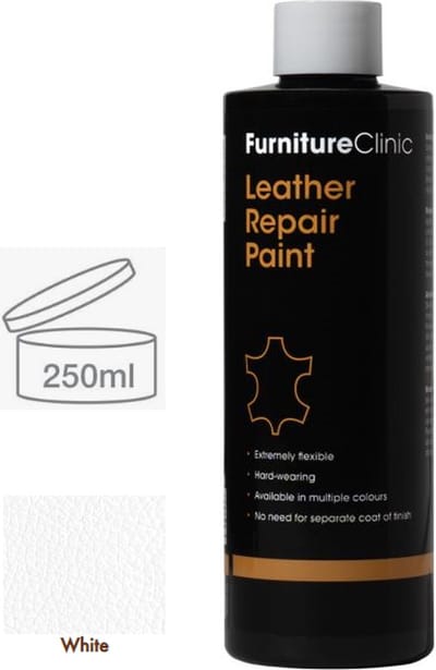Leer reparatie Verf 2 in 1 Wit 250ml | Furniture Clinic | Leather Repair Paint 2 in 1 Wit 250ml | Verf en Top Coat in 1 | Geschikt voor leren banken, leren autostoelen, schoenen, handtassen en meer | Paint and Top Coat in 1 |