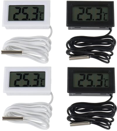 4 stuks digitale LCD-thermometers met waterdichte sonde voor koelkast, vriezer en aquarium, ingebouwde thermo-hygrometer (set van 2 zwarte en 2 witte)