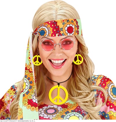 Hippie Peace ketting en oorbellen geel