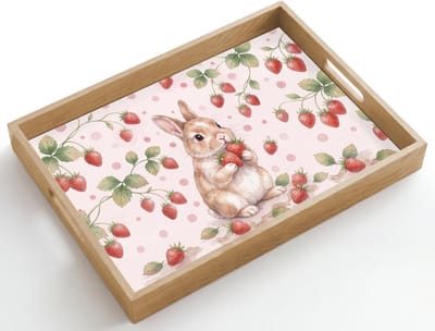 Dienblad hout 50x35 cm - Schootdienblad - Konijntje - Aardbeien - Roze - Rood - Borrelplank rechthoek - Plateau dienbladen