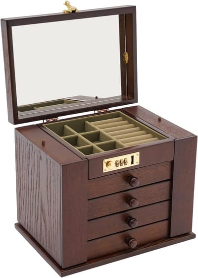 Vouwbare sieradenopbergdozen in bruin hout met 5 lagen en slot voor sieraden, ringen en accessoires