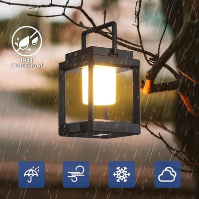 KZQ Zwarte draagbare LED-zonnelantaarn – waterdicht, USB & zon, 3 standen, ophangbaar, voor tuin, camping of terras
