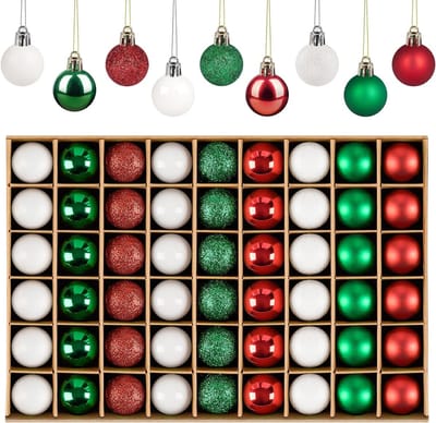 Set van 54 Kerstballen, 3 cm Kleine Plastic Kerstdecoraties, Shiny en Matte Mini Kerstboomballen, Breukbestendige Ornamenten in Groen, Wit en Rood