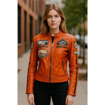 Dames oranje Biker Racing Badges leren jack - Eastleigh