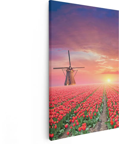 Artaza Canvas Schilderij Tulpenveld - 80x120 cm - Groot - Wanddecoratie Molen - Muurdecoratie Zonsondergang - Schilderijen Op Canvas Holland