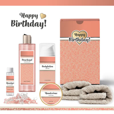 Geschenkset “Happy Birthday!” - 6 producten - 530 gram - Triomf Cosmetica | Luxe Cadeaubox voor haar Wellness Pakket Vrouw Giftset Vriendin Moeder Cadeaupakket Collega Cadeau Zus Verjaardag Oma Gefeliciteerd Cadeau Goud Zalmroze