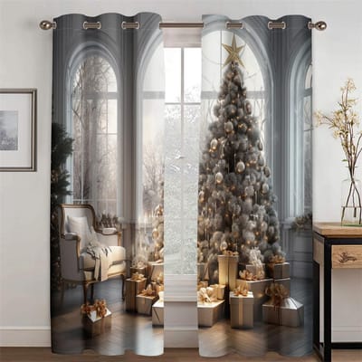 2 stuks Deluxe Scène Decor Gordijnen Kerstboom Cadeaus Huisgordijnen Kerst Woonkamer Slaapkamer Keuken Balkon Raamdecoratie 50W130H(CM)X2PCS&Hook