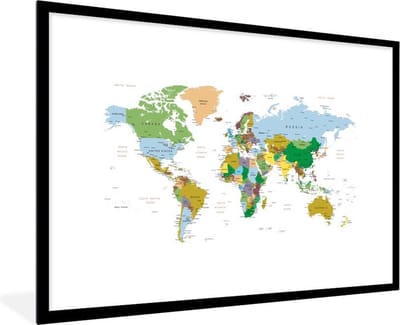 Poster in lijst - Fotolijst 120x80 cm - Posters - Wereldkaart - Aarde - Kleuren - Posterlijst zwart - Decoratie - Wanddecoratie woonkamer - Muurdecoratie slaapkamer