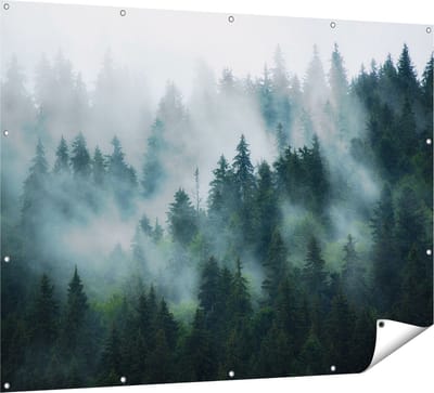 Gards Tuinposter Bos met Bomen in de Mist - 160x120 cm - Tuindoek - Tuindecoratie - Wanddecoratie buiten - Tuinschilderij
