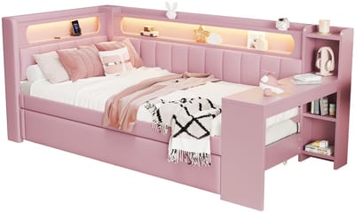 Gestoffeerd dagbed 90x200 - Roze slaapbed met uitschuifbed - LED-verlichting en USB-aansluiting - geïntegreerd bureau, 237 x 103,5 x 93,5 cm