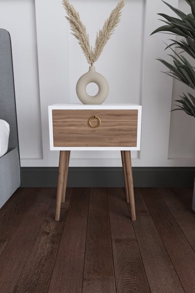 Angel nachtkastje en dressoir - Nachtkastje industrieel - Dressoir met lades - Console - Dressoir - Nachtkastje met houten poten - Ladekast met gouden handvatten - 62 x 45 cm - Wit en Okkernoot