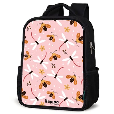 NoBoringSuitcases.com® - Rugzak zwart - Schooltas jongen & meisje - Lieveheersbeestjes en libellen op roze achtergrond - Rugtas voor school - Boekentas kind - Schoolrugzak - Kinderrugzak