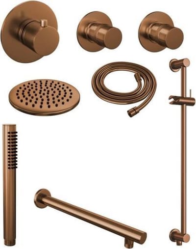 Brauer Copper Edition thermostatische inbouw regendouche SET 13 met 20 cm douchekop en rechte muurarm en staaf handdouche en doucheslang en geïntegreerde glijstang koper geborsteld PVD