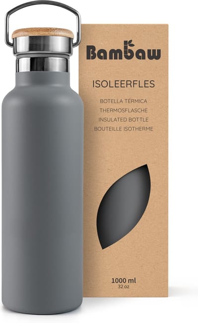 Bambaw® 1 Liter RVS Thermosfles - Isoleerfles, Dubbelwandig, Lekvrijen, loodvrij en Plasticvrij Geïsoleerde Fles met Bamboe Deksel voor Warme en Koude Dranken - Ideaal voor Reizen, Werk, Wandelen en Dagelijks Gebruik – donkergrijs