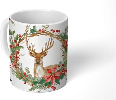 Mok - Koffiemok - Kerstkrans - Hert - Hulst - Rood - Mokken - 350 ML - Beker - Koffiemokken - Theemok