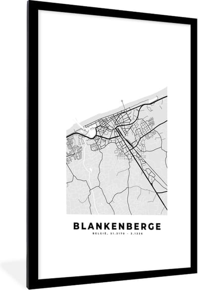 Fotolijst incl. Poster Zwart Wit- Zwart Wit – België – Plattegrond – Stadskaart – Kaart – Blankenberge - 60x90 cm - Posterlijst