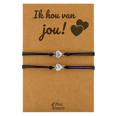 Koppel Armbandjes voor 2 "Ik hou van jou" - Kleine Hartjes - BFF Armbandjes met Cadeau Kaartje - Zwart & Zilverkleurig - Elastisch Verstelbaar - Pax Amare