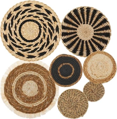 Set van 7 – Ronde wanddecoratie – Bohemian-stijl – Wandkunst – Geweven rotandecoratie – Geweven wandhangers van gras