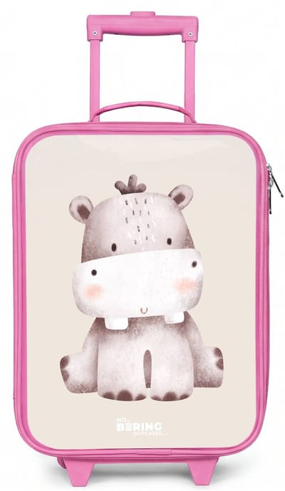 NoBoringSuitcases.com® - Kinderkoffer roze - Kindertrolley meisje - Nijlpaard op beige achtergrond illustratie - Koffer kind lichtgewicht - Reiskoffer trolley voor kinderen - Koffertje met lichtgevende wieltjes - Rolkoffer