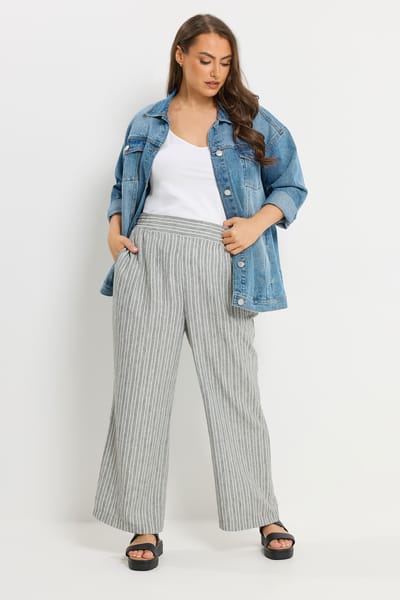 Yours Grijze Gestreepte Linnenlook Broek Size Regular > 42