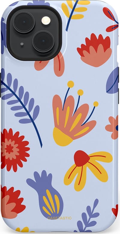 Casetastic hoesje geschikt voor Apple iPhone 15 - MagSafe - Dubbellaagse bescherming - Bloemenwind - Fashion Case - Lichtblauw Terracotta Geel