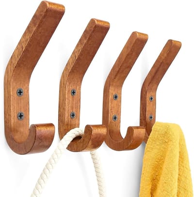 Set van 4 Houten Kledinghaken 155 mm Walnoot J Haken voor Handdoeken, Keuken en Slaapkamer, Hoogwaardige Afwerking en Duurzaam Design