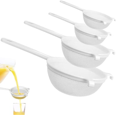 Set van 4 plastic zeefjes voor keuken, ideaal voor het zeven van koffie, thee en fruit, met turbo schiller vervangbladen.