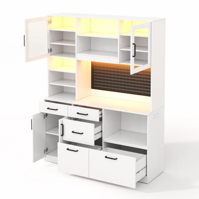 Witte Buffetkast - Keukenkast met LED Verlichting en 5 Lades - Dressoir met Stopcontact - Voor Keuken en Eetkamer - 145x40x185 cm Wit