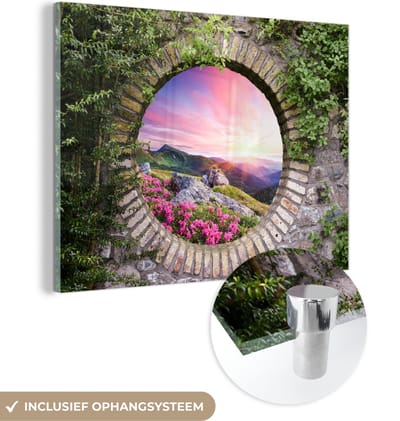 MuchoWow® Glasschilderij 120x90 cm - Schilderij acrylglas - Landschap - Bloemen - Doorkijk - Berg - Foto op glas - Schilderijen