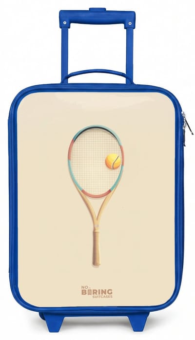 NoBoringSuitcases.com® - Kinderkoffer blauw - Kindertrolley jongen - Een tennisracket in beige tinten - Koffer kind lichtgewicht - Reiskoffer trolley voor kinderen - Koffertje met lichtgevende wieltjes - Rolkoffer