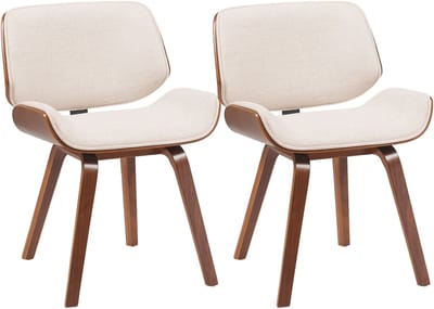 CLP Beverley Eetkamerstoelen - Set van 2 - Retro Kuipstoel met Gebogen Hout Walnoot Look - Luxe Gevoerde Stoelen - Stof/walnoot/creme