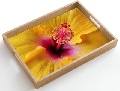 Dienblad hout 50x35 cm - Schootdienblad - Geel - Hibiscus - Tropisch - Borrelplank rechthoek - Plateau dienbladen