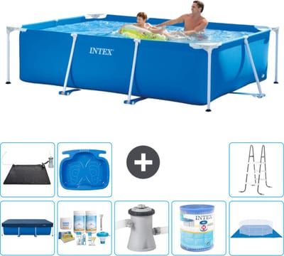 Intex Rechthoekig Frame Zwembad - 260 x 160 x 65 cm - Blauw - Inclusief Afdekzeil - Onderhoudspakket - Zwembadfilterpomp - Filter - Grondzeil - Solar Mat - Ladder - Voetenbad - 9-delig