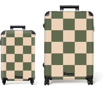 NoBoringSuitcases.com® - Kofferset 2 delig - Koffer lichtgewicht - Groen met beige schaakbord print - Reiskoffer set met 4 wielen - Handbagage trolley - Middelgrote rolkoffer - Ruimbagage koffer - Koffers met TSA slot
