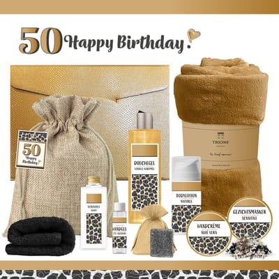 Geschenkset “50 Jaar Happy Birthday!” - 10 producten - 1410 gram | Cadeau Verjaardag - Luxe wellness cadeaubox - Giftset Speciaal voor Haar - Geschenkset Gefeliciteerd - Verjaardag - Cadeaupakket - Gift Set Party - Verjaardagscadeau Goud - Zwart